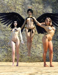 3d 3girls bikini black_bikini black_hair blonde_hair evil_smile green_eyes janus3003 medium_breasts original small_bikini wings