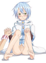 blush bottomless double_arts feet figarette_elraine green_eyes hand_holding holding_hands no_panties pussy rayphenos short_hair sitting tears