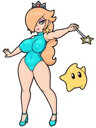 1girls 1other 2022 acstlu big_breasts big_thighs blue_swimsuit breasts crown earrings erect_nipples erect_nipples_under_clothes female heels makeup mario_(series) nintendo one-piece_swimsuit pink_lips pink_lipstick pose princess_rosalina shiny_breasts shiny_hair shiny_skin swimsuit thick_thighs thighs wand