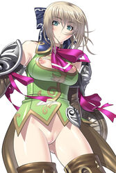 blonde_hair blush breasts cassandra_alexandra censored female female_only green_eyes human kansuke nipple_slip nipples no_panties pussy shield solo soul_calibur thighhighs