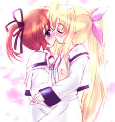 fate_testarossa female flat_chest kissing lyrical_nanoha mahou_shoujo_lyrical_nanoha mahou_shoujo_lyrical_nanoha_a's multiple_girls nipples school_uniform serafuku shaian takamachi_nanoha yuri