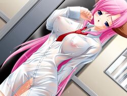 blue_eyes breasts censored chikansha_thomas_2 dress_shirt erect_nipples game_cg kana_(chikansha_thomas_2) long_hair mikami_takashi necktie nipples open_mouth panties panty_pull pink_hair pussy pussy_juice see-through shirt source_request underwear very_long_hair wet wet_clothes