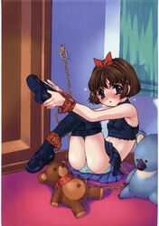 bear bondage brown_hair chains clothes copyright_request female female_only fur hair highres human koala mammal marsupial nishi_iori panties pantyhose pantyshot plushie ribbon short_hair skirt slave solo stuffed_animal stuffed_animals stuffed_toy teddy_bear underwear undressing