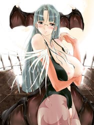 blush breasts cleavage clothing darkstalkers demon demon_girl elbow_gloves eyewear glasses gloves green_eyes green_hair head_wings horns huge_breasts large_breasts long_hair morihama_karute morrigan_aensland nipples pantyhose smile succubus wings