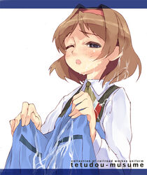 ;o apron apron_lift bangs blue_eyes blush brown_hair bukkake bust cum cum_on_clothes cum_on_hair facial hairband kasukabe_shia kasukabe_sia kitano_yuusuke letterboxed looking_at_viewer necktie open_mouth profile short_hair simple_background solo tetsudou_musume white_background wince wink