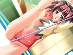 blush bondage brown_hair censored clothed_masturbation clothing crotch_rope dutch_angle female flexible game_cg green_eyes gymnastics kneepits leg_up leotard leotard_aside masturbation open_mouth pink_hair pussy shiina_hikaru shintaisou shiny shiny_clothes short_hair solo spandex splits stretch vertical_splits zatou