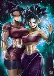 2girls abs big_ass big_breasts black_eyes black_hair caulifla dragon_ball dragon_ball_super electricity female female_only kale looking_at_viewer muscles muscular muscular_female pointy_hair ponytail ripped saiyan smiling smiling_at_viewer thegoldensmurf unamused wide_hips