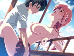 arched_back blush breasts closed_eyes color couple day female fence game_cg glasses ichinose_kyou imitation_lover izumi_mahiru jewelry kurusu_itsuki leg_lock miniskirt necklace nipples open_mouth orange_hair orgasm outdoors red_hair scream screaming sex skirt sweat thighhighs topless