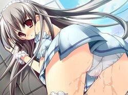 cameltoe censored cosplay_roshutsu_kenkyuukai game_cg hinata_aya misakura_nankotsu panties pussy_juice red_eyes silver_hair skirt thighhighs underwear upskirt wet_panties