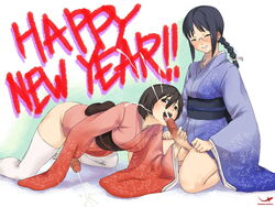 bottomless braid censored copyright_request cum ejaculation fellatio futa_on_futa futa_with_futa futanari handjob intersex japanese_clothes kimono legwear licking masturbation oral penis ponytail remora_works short_hair stockings thighhighs tied_hair tongue zettai_ryouiki