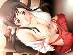 black_hair blush breast_grab breasts brown_eyes brown_hair censored clothed_masturbation clothing female from_above game_cg hair_ribbon hakama japanese_clothes kotoshiro_misao large_breasts long_hair looking_down looking_up ma_wo_jutai_seshi_otome_no_kuetsu masturbation miko navel nipples open_clothes ponytail pussy ribbon self_fondle solo temple tied_hair