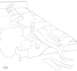 2018 anthro balls belly big_belly bottomless clothed clothing dragon erection hi_res inside levy_(longlevy) longlevy lying male male_pred masturbation monochrome on_back oral_vore penile_masturbation penis reptile scalie signature simple_background sketch solo tongue tongue_out vore white_background