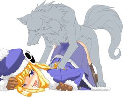 blonde_hair blush clothed_sex clothing doggy_style etrian_odyssey gunner gunner_(etrian) hat kemokemo_gdgd long_hair pet_(sekaiju) sekaiju_no_meikyuu sex tears wolf zoophilia