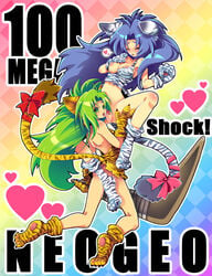 2girls alternate_color animal_costume animal_ears animal_print blue_hair blush boomerang bow breasts cham_cham closed_eyes costume cunnilingus female green_eyes green_hair heart licking long_hair multiple_girls neo_geo oral paws ribbon samurai_shodown selfcest shima_chiyo tail tiger_costume tiger_print yuri