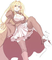 blonde_hair blush buriki censored clothing feet femdom footjob footjob_with_legwear foreskin hand_on_hip long_hair looking_down malesub medium_breasts penis sekirei skirt small_penis smile squeezing standing standing_footjob stockings thigh_strap thighhighs toes tsukiumi