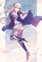 1girls :d absurdres armor ass bangs bare_thighs barefoot big_ass black_hairband black_panties blue_cape cape corrin_(fire_emblem) corrin_(fire_emblem)_(female) female female female_only fire_emblem fire_emblem_fates floating_hair full_body hair_between_eyes hairband highres inner_thighs legs long_hair looking_at_viewer nintendo no_shoes norimaki_(nrmk_norinori) open_mouth orange_eyes panties pointy_ears silver_hair smile solo stirrup_legwear toeless_legwear underwear very_long_hair