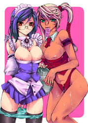 2girls bare_shoulders blue_eyes blue_hair breast_slip breasts code_geass condom condom_in_mouth cum dark-skinned_female dark_skin dress female glasses gundam gundam_00 hairband hochikisu large_breasts long_hair maid mouth_hold multiple_girls nipples orange_eyes panties panty_pull ponytail puffy_nipples pussy_juice rule_63 striped striped_panties sweat thighhighs tied_hair tieria_erde underwear villetta_nu yuri zipper