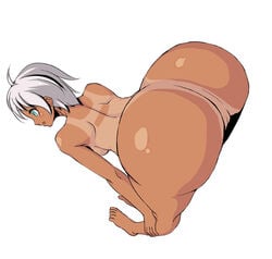 bent_over blue_eyes blush breasts copyright_request female huge_ass nude pussy short_hair sideboob solo tan tanline uncensored white_hair yama_ji