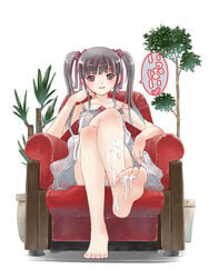 blush chair cum feet kakuno nail_polish original plant ribbon sitting tied_hair twintails