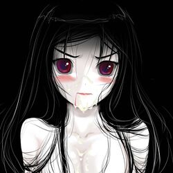 artist_request black_hair blood blush copyright_request cum facial long_hair pale_skin red_eyes