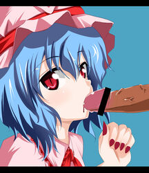 biting bleeding blood blue_hair censored cute_fang fellatio female glans_biting hair hat headgear ichinose_yuu licking male nail_polish oral ouch penis penis_biting remilia_scarlet sex short_hair touhou