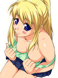 blue_eyes blush breasts down_blouse female female_only from_above fullmetal_alchemist huge_eyes human miniskirt nipples no_bra ponytail shirt_pull sitting skirt solo tied_hair winry_rockbell