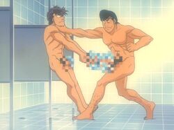 2boys ass battle canonical_scene cap censored gay hajime_no_ippo male male_only mamoru_takamura mosaic_censoring muscle muscular muscular_male penis pixel pubic_hair screencap screenshot sendou_takeshi shower_drain shower_room shower_stall showers takamura_mamoru takeshi_sendo tile_floor tiled_wall yaoi