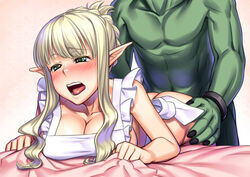 1boy apron ass ass_grab bed_sheet bent_over blonde_hair blush braid breast_rest breasts cleavage doggy_style elf elf_female female french_braid green_eyes h_kasei large_breasts light-skinned_female light_skin long_hair male moaning monster naked_apron nude open_mouth orc orc_male original pointy_ears sex sheet_grab short_hair solo_focus straight tongue wavy_mouth