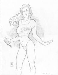 1girls 2004 artist_request breasts buffy_summers buffy_the_vampire_slayer female monochrome navel nipples solo tagme the_buffyverse thong