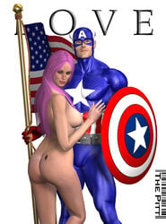 1boy 1girls 3d american_flag areola ass blue_eyes breasts bulge captain_america captain_america's_shield captain_america_(series) clothed_male clothed_male_nude_female clothed_on_nude cmnf diamondback erect_nipples female flag long_hair male marvel mask nipples nude nude_female pecs pink_hair sideboob steve_rogers straight_hair tattoo the_pitt