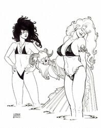 1990s 1994 20th_century 2girls 3girls annoyed arm_tattoo beach big_breasts big_hair bikini black_hair blonde_hair breast_envy breast_size_difference breasts chaos_comics crossover curled_horns curvy dc death_of_the_endless demon_horns envy evil_eyes feet_in_water female flat_chest goddess hands_on_hips highleg_bikini horns inguinal_ligament joseph_michael_linsner lady_death large_breasts line_art long_hair looking_at_breasts monochrome monster_girl navel_line ribs robes skeleton skeleton_girl skinny skull skull_bikini skull_face skull_ornament skull_tattoo smug tattoo the_sandman traditional_media_(artwork) undead underboob vertigo_comics water water_ripple white_background white_hair wide_eyed