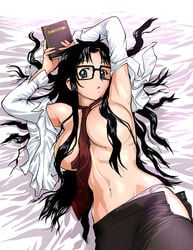 bed bed_sheet black_hair blue_eyes book breasts censored clothing convenient_censoring dress_shirt glasses hair_over_breasts huge_breasts large_breasts lying navel necktie open_clothes open_shirt panties read_or_die sheets shirt thong ueyama_michirou underwear unzipped yomiko_readman