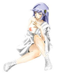 1girls 2009 akichans55 blue_hair blush breasts dororon_enma-kun female hair_ornament japanese_clothes large_breasts long_hair nipples purple_hair solo yuki_onna yukiko_hime