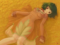 1girls antenna_hair breasts dress farah_oersted female green_hair kobayashi_yuji kobayashi_yuuji lying navel nipples no_panties orange_dress red_eyes see-through short_hair solo tales_of_(series) tales_of_eternia wallpaper