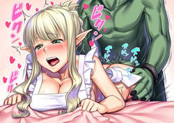 1boy apron ass ass_grab bed_sheet bent_over blonde_hair blush braid breast_rest breasts cleavage doggy_style elf elf_female female french_braid green_eyes h_kasei heart large_breasts light-skinned_female light_skin long_hair male male/female moaning monster naked_apron nude open_mouth orc orc_male original pointy_ears sex sheet_grab short_hair solo_focus straight sweat tears tongue trembling wavy_mouth