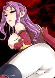 back blush breasts code_geass cornelia_li_britannia crazy9 elbow_gloves gloves ichitaka large_breasts looking_back purple_eyes purple_hair tear thighhighs