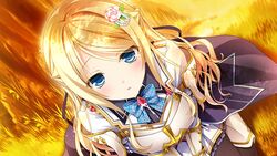 blonde_hair blue_eyes blush breasts cum facial female flower from_below game_cg hair_ornament kimishima_ao large_breasts long_hair mitsu_king otome_ga_kanaderu_koi_no_aria rose school_uniform tenshouin_chikage zinno