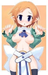 1girls ascot belt black_legwear blue_eyes blush border bow breasts disgaea embarrassed female gem large_breasts letterboxed loincloth looking_at_viewer magic_knight_(disgaea) midriff naked_tabard navel necktie nipples nippon_ichi_software no_bra no_panties open_clothes open_shirt orange_hair pointy_ears puffy_nipples shirt short_hair solo standing striped surprised tabard thighhighs tsuderou turtleneck