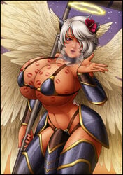 1futa angel ariza armor big_breasts bikini_armor blonde_hair blowing_kiss bra breasts busty choker cleavage cock_armor codpiece collar flaccid flower futa_only futanari gauntlets hair_over_one_eye halo huge_breasts intersex kiss_mark large_breasts light_hair light_skin lip_prints lipstick_on_breast mask penis penis_armor pink_eyes solo staff valkyrie veil voluptuous white_hair wickedj wings