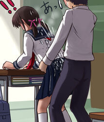 ! brown_hair buttjob classroom clothed_sex cum cum_on_clothes cumshot desk ejaculation g_yukishiro premature_ejaculation seifuku sex sweat sweatdrop tied_hair twintails