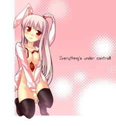 blush bottomless breasts bunny_ear english large_breasts long_hair necktie open_clothes open_shirt plastic_erazer red_eyes reisen_udongein_inaba shirt thighhighs touhou white_shirt