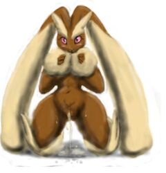 bottomless brown_fur color female female_only front_view fur furry furry_ears kneeling long_ears lopunny nintendo nose nude open_eyes pink_eyes pink_nose pokemon pokemon_(species) potira solo topless