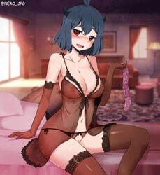 1girls babydoll black_clover black_hair condom_packet_strip crotchless_panties horn lingerie negligee nero_jpg red_eyes secre_swallowtail see-through see-through_clothing see-through_lingerie side-tie_panties