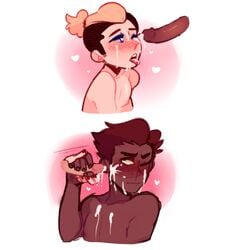 2boys blue_eyes blush cum cum_on_body cum_on_face cum_on_tongue dark-skinned_femboy dark-skinned_male dark_skin darren_(skaroy) femboy garrett_(skaroy) gay handjob heart heart-shaped_pupils multicolored_hair nipples penis skaroy white_background yaoi