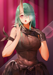 1girls :o alternate_eye_color arknights armband bare_shoulders big_breasts blush breasts breath busty cleavage clothes_around_waist covered_navel curvaceous curvy demon_girl demon_horn enormous_breasts female female_only giant_breasts gigantic_breasts gloves green_hair green_nails hair_covering_eye hair_over_one_eye heat_(temperature) heavy_breathing hips horn hoshiguma_(arknights) huge_breasts hyper_breasts large_breasts light-skinned_female light_skin long_hair looking_at_viewer massive_breasts nail_polish oni oni_female open_mouth pale-skinned_female pale_skin scarf scarf_pull seductive seductive_eyes seductive_gaze seductive_look seductive_mouth shiny_skin single_glove single_horn solo solo_female steam sweat sweatdrop toned toned_female voluptuous waist wasp_waist waving_hand wide_hips