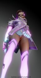 1girls 3d blender bloom bottomless clothed clothes clothing eye_contact female female_only glowing glowing_clothes low-angle_view no_panties overwatch purple_clothing purple_hair pussy render skirt_lift skirt_pull solo solo_female sombra tulipblend upskirt vagina video_games