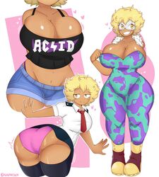 1girls ass bending_over bent_over big_ass big_breasts big_butt bimbo blonde_hair bubble_butt busty butt cleavage dark-skinned_female flashing freckles gyaru hero_outfit_(mha) hi_res highres huge_ass huge_breasts huge_butt large_ass large_breasts mina_ashido my_hero_academia panties pantyshot presenting presenting_hindquarters ramenshopkenz school_uniform short_hair superheroine tan_skin teasing teenager thick_thighs white_background wide_hips