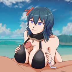 1boy 1girls alternate_costume bare_shoulders beach bikini black_bikini black_swimsuit blue_eyes blush breasts byleth_(female)_(summer)_(fire_emblem) byleth_(fire_emblem) byleth_(fire_emblem)_(female) female female_focus fire_emblem fire_emblem:_three_houses fire_emblem_heroes flower gigabit hair_flower large_breasts lips male nintendo ocean official_alternate_costume outdoors paizuri solo_focus straight swimsuit teal_hair