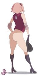 1girls ass back_view bike_shorts boots bottomless clothing elbow_pads female female_only forehead_protector gloves hairband holding_clothing naruto naruto_(series) naruto_shippuden pink_hair sakura_haruno shirt solo visualtoon