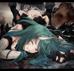 1girls arknights blood bruises clenched_teeth closed_eye cum_on_back defeated female gloves green_hair horn hoshiguma_(arknights) long_hair male/female oni rape ripped_clothing xiao_fatiao yellow_eyes